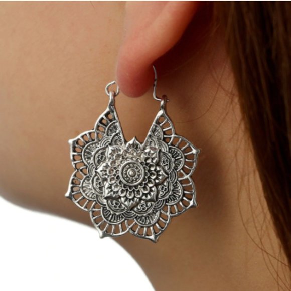 dazzling items Jewelry - Silver Boho Lotus Gypsy Dangle Earrings